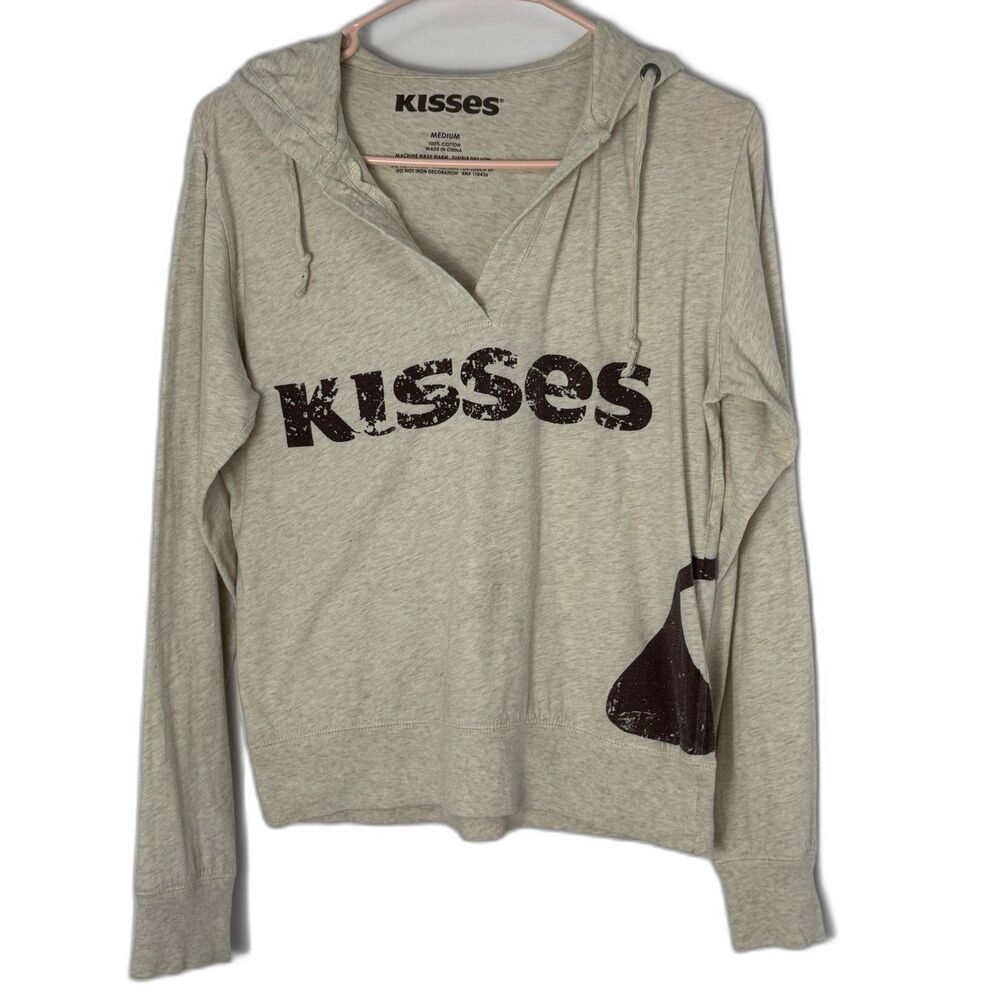 KISSES Graphic Hoodie Sweatshirt Women’s Medium Beige Pullover 100% Cotton